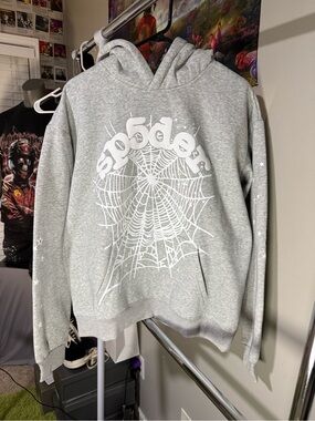 Men's Grey Crewneck sp5der Hoodie with White Spiderweb Graphic